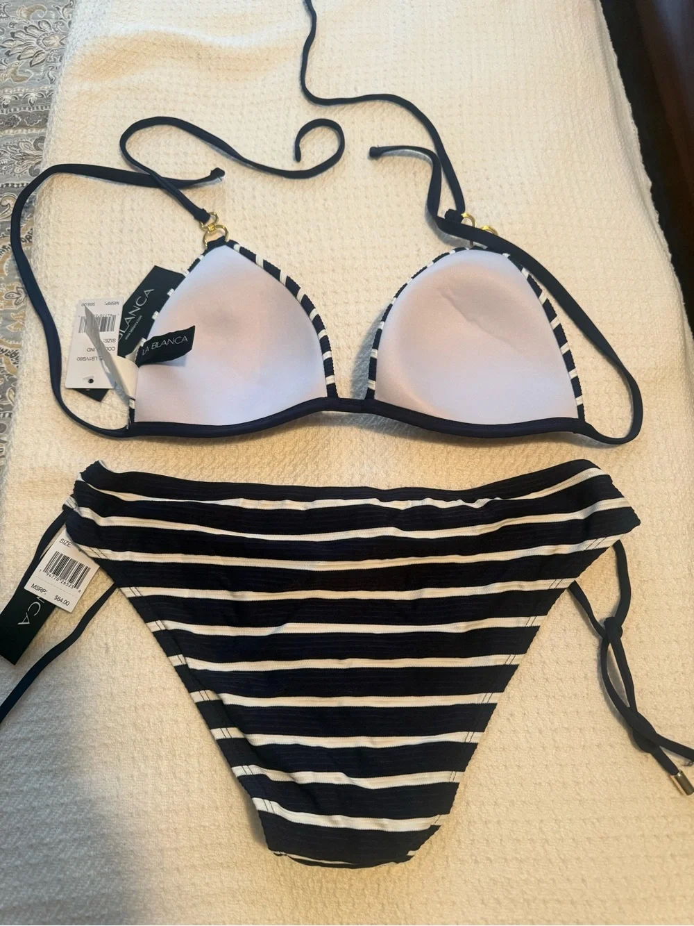 La Blanca Navy and White Striped Triangle Bikini
